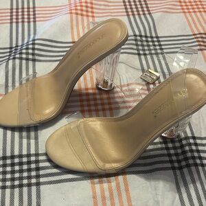 Shoe Dazzle Clear and Beige Heels